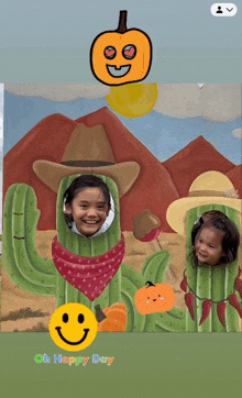 two little girls are sticking their faces out of a cactus with a cowboy hat on