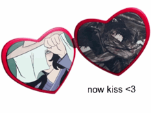 a heart shaped mirror with a picture of a man and the words now kiss < 3 below it