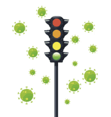 a cartoon illustration of a traffic light surrounded by viruses