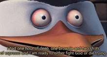 a penguin from madagascar is talking about having one hour of sleep , one brownie , and two shots of espresso