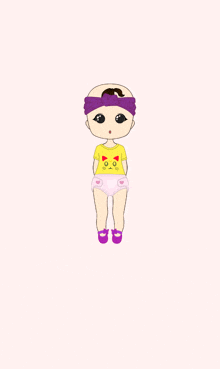 a baby doll wearing a diaper and a yellow shirt with a cat face on it