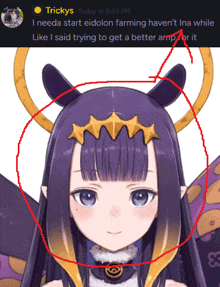 a picture of a girl with horns and a circle around her head that says trickys on it