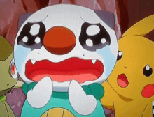 a close up of a cartoon character crying with pikachu behind him