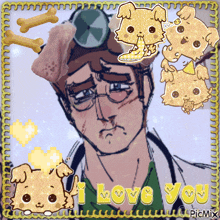 a picture of a man with a dog on his head and the words " i love you "