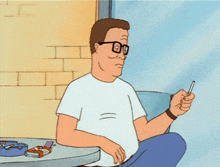 a cartoon of king of the hill sitting at a table with a cigarette in his mouth