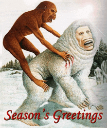 a season 's greetings card shows a naked man riding a yeti