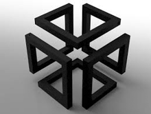 an optical illusion of a cube made of triangles on a gray background .