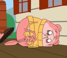 a pink cartoon character is laying on its back with a yellow vest on