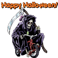 a grim reaper is riding a tricycle with a scythe and the words happy halloween behind him