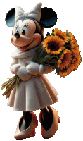 minnie mouse holding a bouquet of sunflowers in her hand