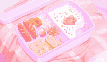 a pink container filled with food including rice and fried chicken