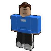 a roblox character is wearing a blue shirt with the word kash on it