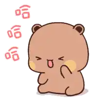 a cartoon teddy bear is sitting down with its mouth open and three chinese characters behind it .