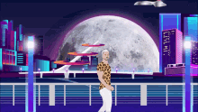 a man in a leopard print shirt is standing in front of a large full moon