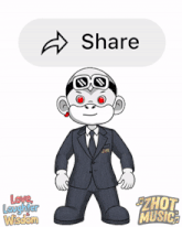 a cartoon of a man holding a broken heart with a share button below it