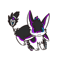 a drawing of a black and purple animal with a blue eye