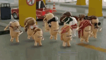 a group of cartoon characters standing in a parking garage