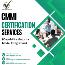 an advertisement for cmmi certification services with a group of people having a meeting