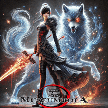 a poster of a woman holding a sword next to a wolf that says museum bola on it