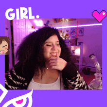 a woman with curly hair is smiling in front of a purple background with the word girl on it