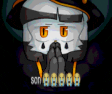 a pixel art drawing of a man with orange eyes and the words son ahaha