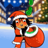 a cartoon character is dressed as santa claus and holding a bag of gifts