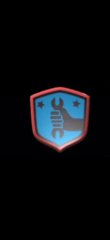 a blue and red shield with a hand holding a wrench on it