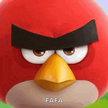 a close up of a red angry bird with a yellow beak and black eyebrows .