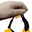 a close up of a hand holding a penguin 's head .