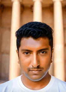 a close up of a man 's face in front of columns