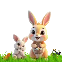 two bunny rabbits are sitting in the grass holding baskets of eggs