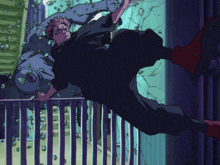 a cartoon of a man falling off a railing in a dark room