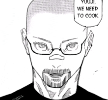 a black and white drawing of a man with glasses and a beard saying `` we need to cook '' .