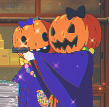 two cartoon characters with pumpkins on their heads are hugging