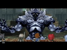 a group of people standing in front of a monster in a video game .