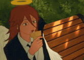a cartoon of an angel sitting on a bench eating a piece of food