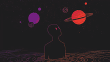 a drawing of a person looking up at planets in the sky