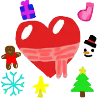 a drawing of a heart surrounded by snowflakes a gingerbread man a christmas tree and gifts