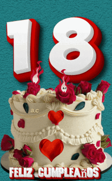 a birthday cake with red hearts and the number 18