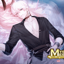 a poster for a game called mystic messenger shows a man in a black shirt and a woman in a white dress