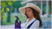 a woman wearing a straw hat and purple gloves is holding a garden hose