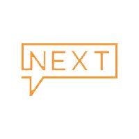 an orange speech bubble with the word next inside