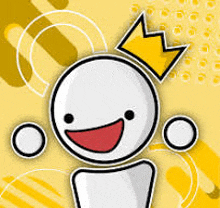 a cartoon character with a crown on his head is smiling on a yellow background .