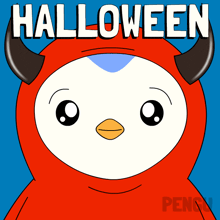 a penguin with horns is holding a knife and the words halloween are above it