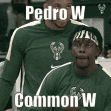 two men wearing green shirts with deer on them are standing next to each other with the words pedro w common w above them