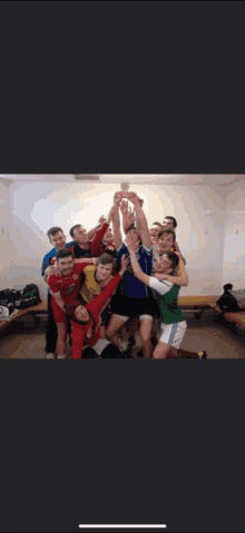 a group of people holding a trophy in the air