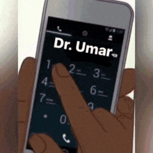 a person is holding a cell phone with the name dr. umar on it