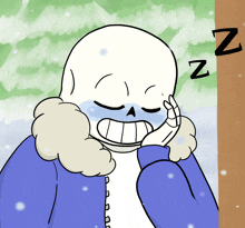 a cartoon drawing of a skeleton sleeping with the letter z above him