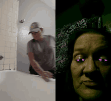 a man in a bathtub next to a picture of a woman with purple eyes