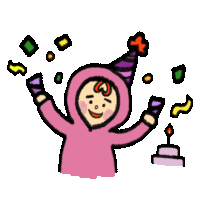 a cartoon of a child wearing a pink hoodie and a party hat celebrating a birthday